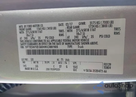 2017 Ford F-150 Xlt из США, поврежденный, VIN 1FTEW1EG0HKC88165